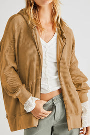 Caramel waffle knit zip-through hooded jacket with a relaxed fit.