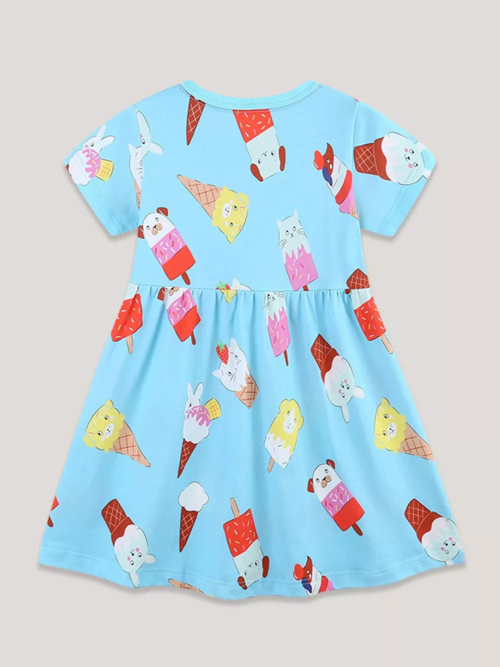 Blue cotton blend toddler dress with crew neck and allover ice cream print.