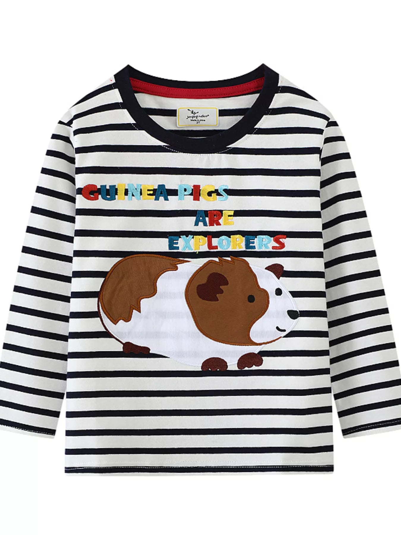 Baby long-sleeve tee with black and white stripes, featuring a guinea pig graphic and embroidered text.