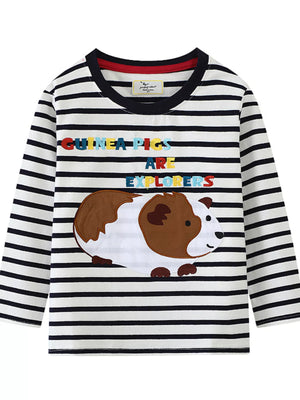 Baby long-sleeve tee with black and white stripes, featuring a guinea pig graphic and embroidered text.