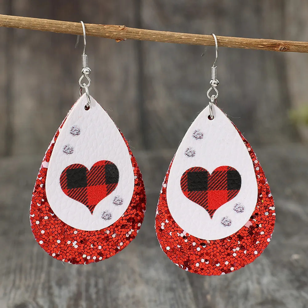 Red plaid heart teardrop earrings with glitter accents