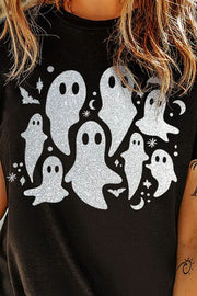 Black t-shirt with a glittery ghost graphic and bats.