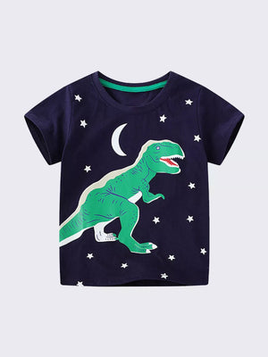 Navy cotton crew neck t-shirt with a green dinosaur and moon graphic and white stars.