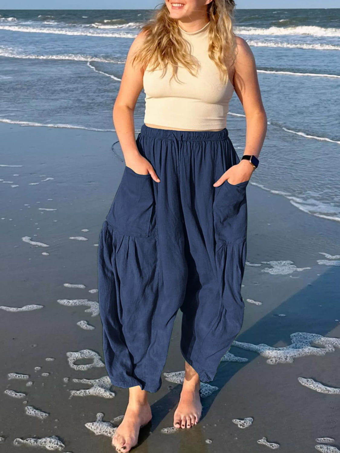 Navy linen balloon trousers with cargo pockets and elastic waist