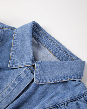Denim ruffle yoke shirt in medium wash cotton with a collar detail.