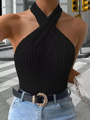 Black wavy textured halter neck tank top with a twisted neckline.