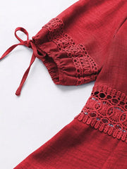 Red lace-embellished mini dress with tie sleeves and V-neck detail