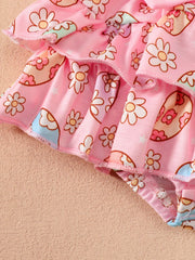 Pink ruffled bodysuit and skirt set with a floral print and bow detail.