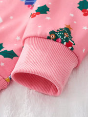 Pink crew neck sweatshirt with festive Christmas print and ribbed cuffs.