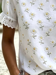 Plus Size Daisy Lace Puff Sleeve T-shirt in White, close-up detail