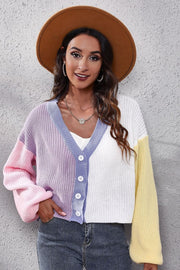 Panelled ribbed knit cardigan with V-neck, button front, and colorblock sleeves in pink, lavender, white, and yellow.