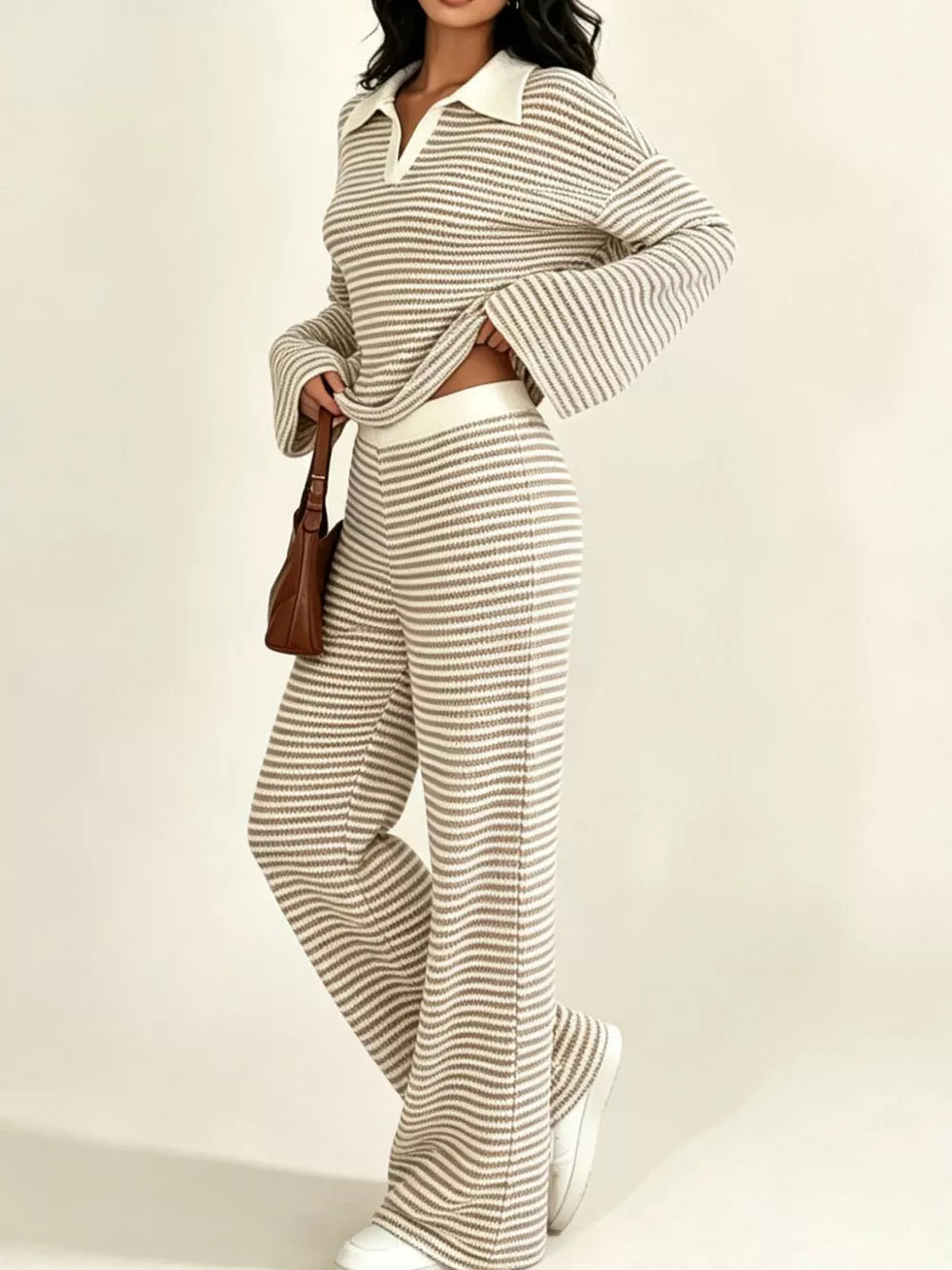 Striped Long Sleeve Polo And Wide-leg Pants Set in Green, view 16