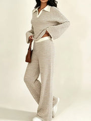 Striped Long Sleeve Polo And Wide-leg Pants Set in Green, view 16