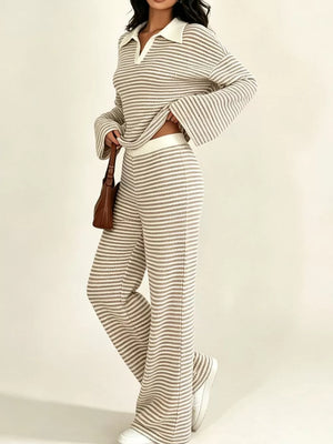 Striped Long Sleeve Polo And Wide-leg Pants Set in Green, view 16