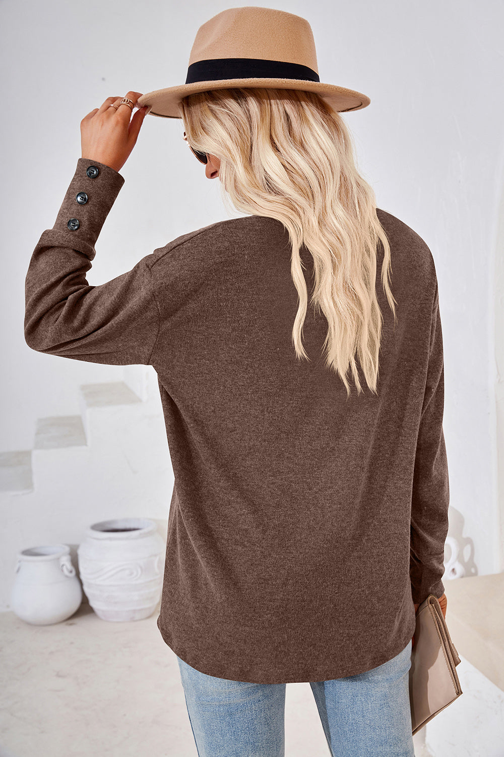 Mocha slouch v-neck top with button cuff detail
