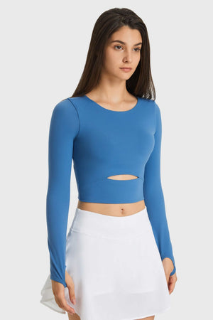 Blue crop top with keyhole cutout and thumbhole sleeves