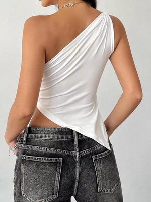 White asymmetrical one-shoulder cami with draped fabric and a slim fit.