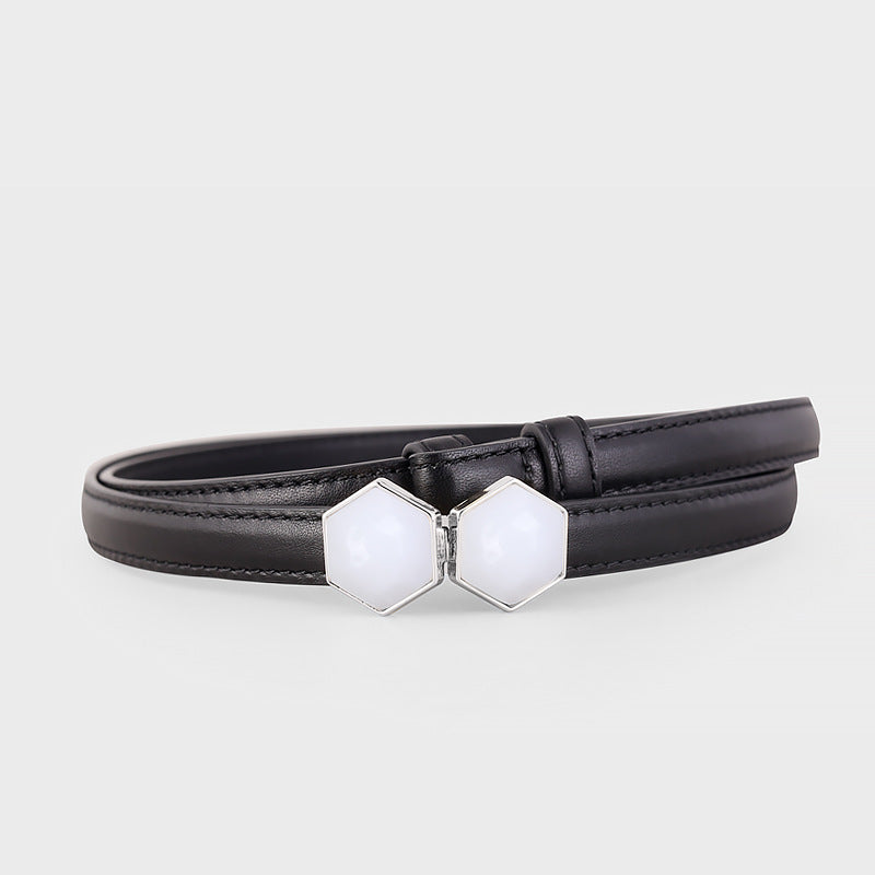 Black cowhide leather belt with a geometric white buckle