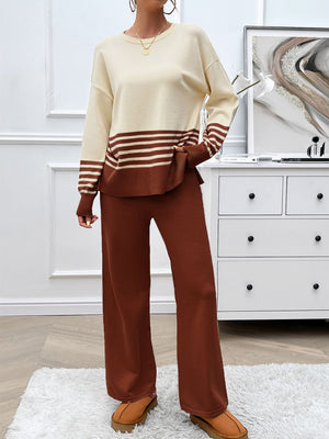 Color-blocked knit lounge set with cream top and brown striped sleeves, paired with brown wide-leg pants.