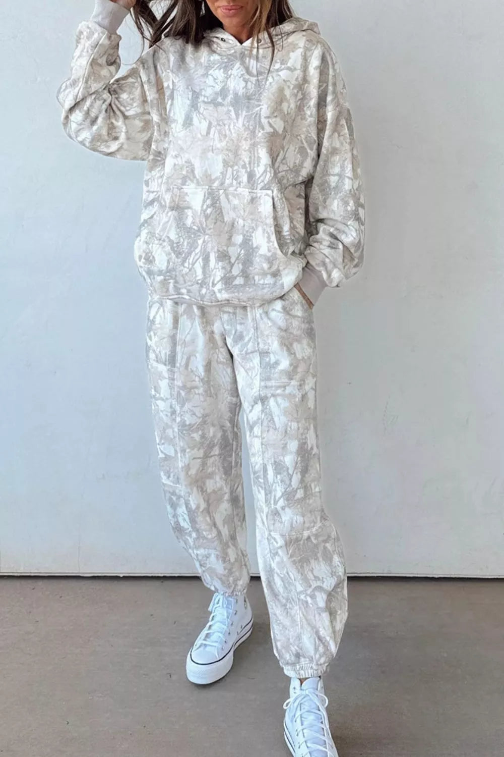 Multicolour Abstract Print Long Sleeve Pant Set in Light Gray, side view