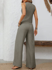 Tailored linen vest and palazzo pants set in Dust Storm color, shown from the back.