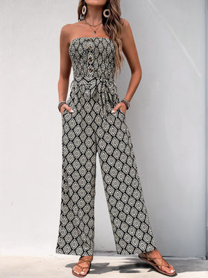 Black geometric print bandeau jumpsuit with belt and wide legs