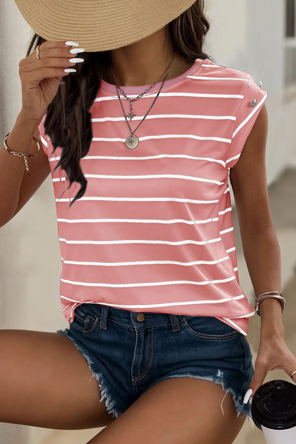 Button-shoulder stripe tee with cap sleeves in Black/White Stripe