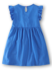 Blue cotton baby dress with ruffle sleeves and gathered waist