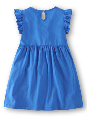 Blue cotton baby dress with ruffle sleeves and gathered waist
