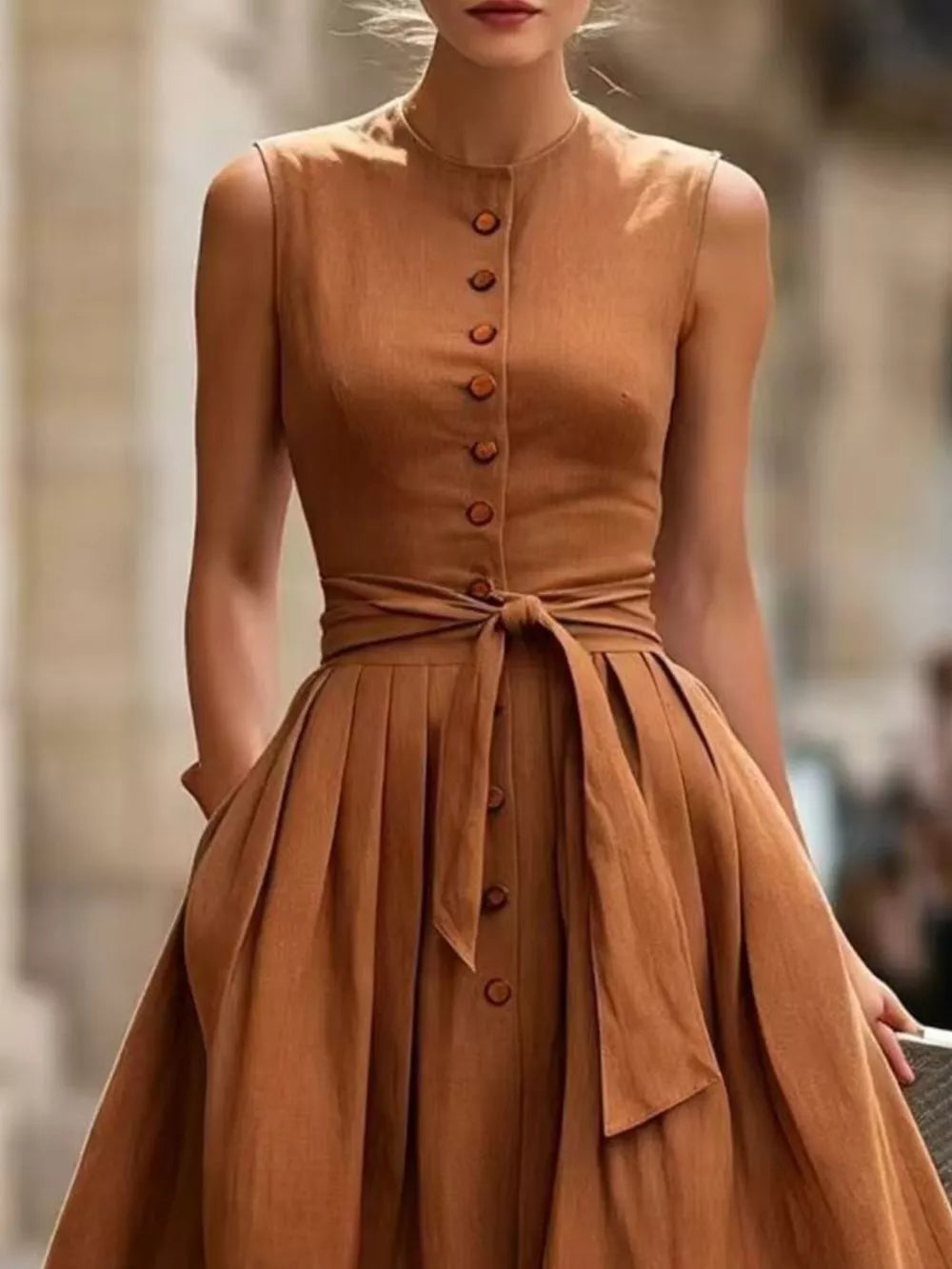 Sleeveless Button-front Belted Midi Dress Plus Size, alternate angle