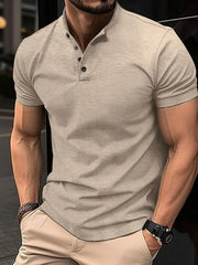 Khaki Mandarin Collar Henley Polo Shirt with buttoned placket and short sleeves.