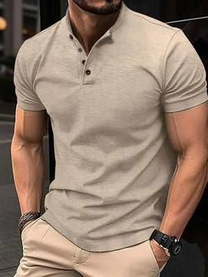 Khaki Mandarin Collar Henley Polo Shirt with buttoned placket and short sleeves.