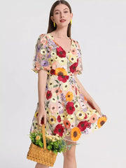Floral Embroidery V-neck Mini Dress