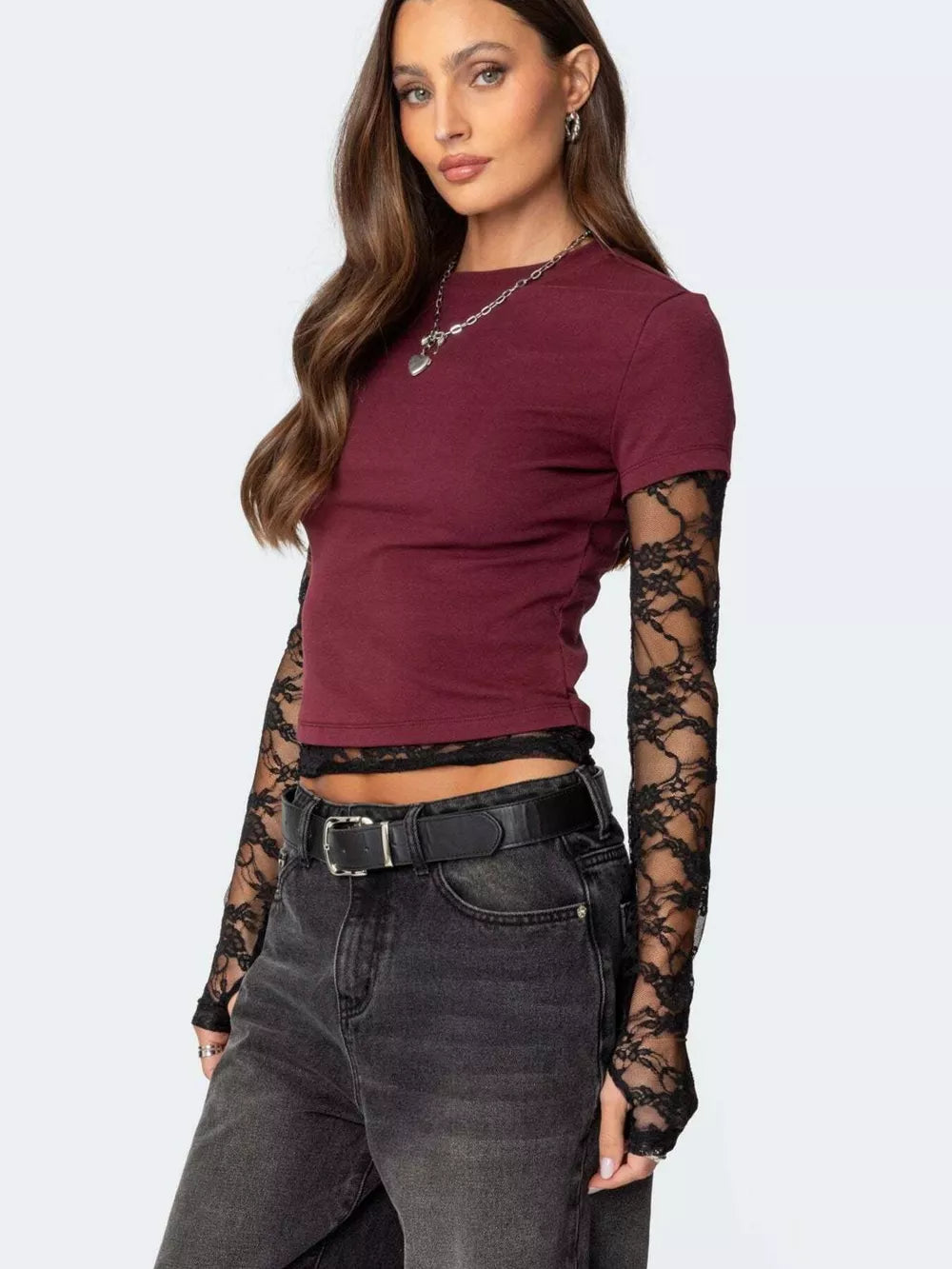 Wine red cropped t-shirt with black lace sleeves and trim.