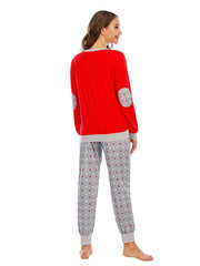 Red polka dot lounge set with grey trim and elbow patches.