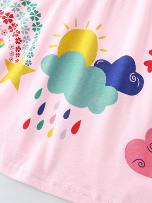 Toddler pink cotton dress with playful rainbow, sun, clouds, and rain print.