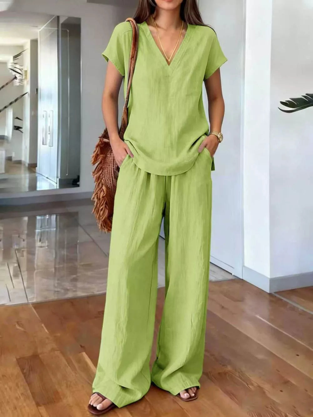 Full Size V-neck Short Sleeve Top And Pants Set in Light Brown, editorial view