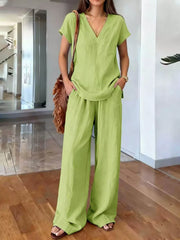 Full Size V-neck Short Sleeve Top And Pants Set in Light Brown, editorial view