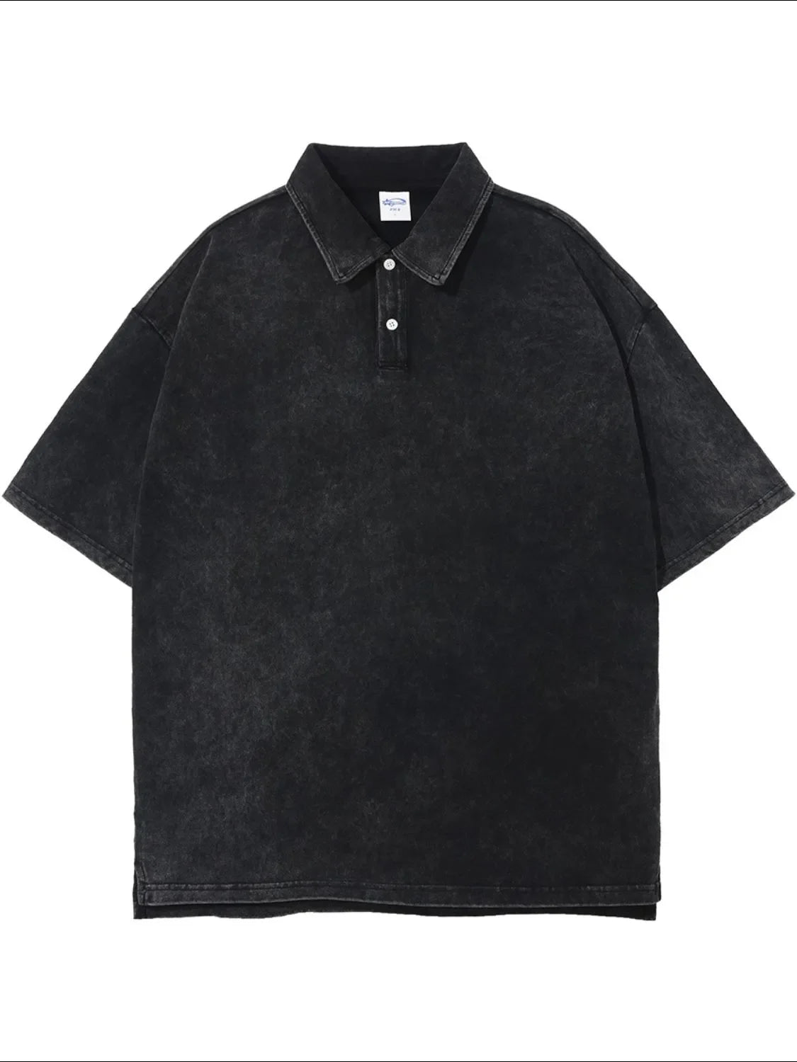 Oversized black washed polo shirt with short sleeves and a two-button placket.