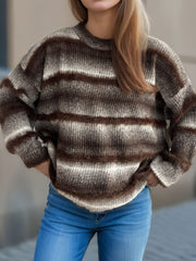Ombre stripe fluffy knit crewneck jumper in brown with fuzzy horizontal stripes.