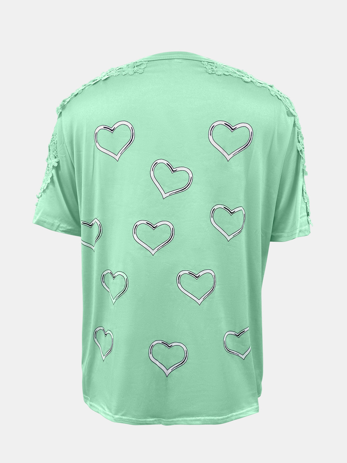 Gum Leaf green t-shirt with all-over heart print and lace trim detail on shoulders.