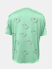 Gum Leaf green t-shirt with all-over heart print and lace trim detail on shoulders.