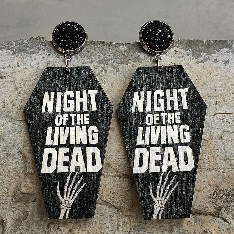 Gothic coffin earrings with Night of the Living Dead graphic and skeleton hand detail