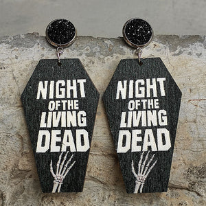 Gothic coffin earrings with Night of the Living Dead graphic and skeleton hand detail