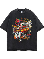 Black acid wash graphic tee with cartoon print and text Get Out Of My Way Everyone.