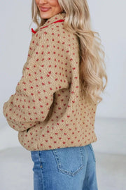 Heart Pattern Fleece Colorblock Collar Sweatshirt in Camel, close-up detail