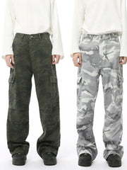 Stealth Chic cargo pants in gray and army green camouflage, featuring multiple pockets.
