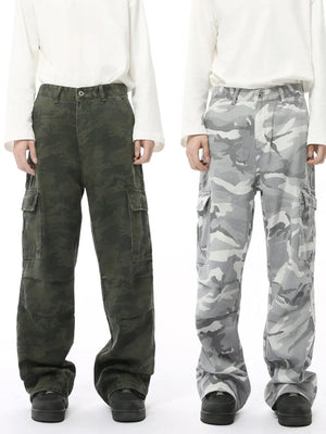Stealth Chic cargo pants in gray and army green camouflage, featuring multiple pockets.