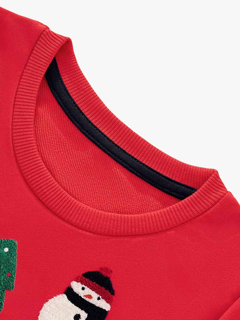 Red crewneck sweatshirt for kids with embroidered snowman and Christmas tree details.