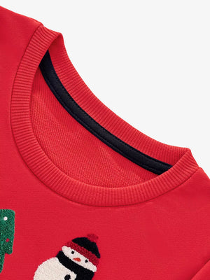 Red crewneck sweatshirt for kids with embroidered snowman and Christmas tree details.